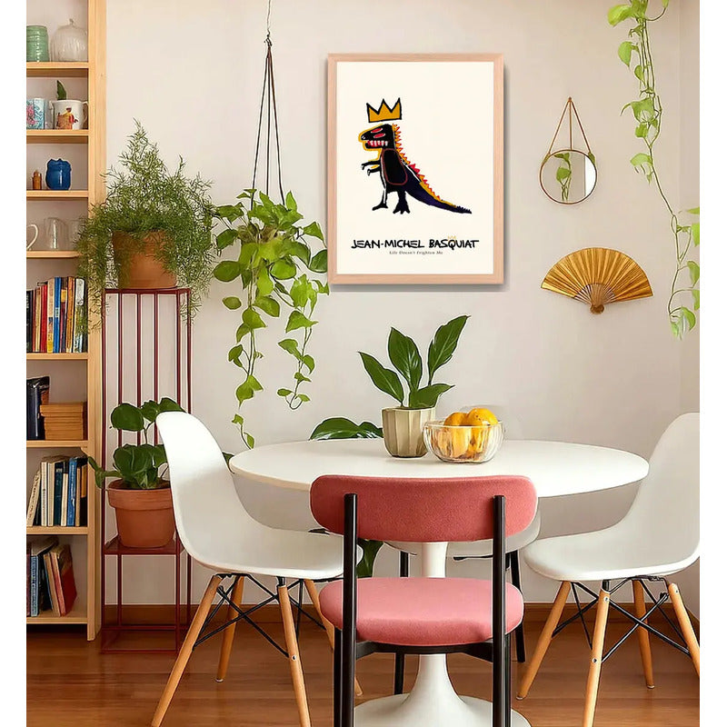 Cuadro Basquiat Dinosaurio Pez Dispenser Arte Urbano Oak Marco Marrón Claro