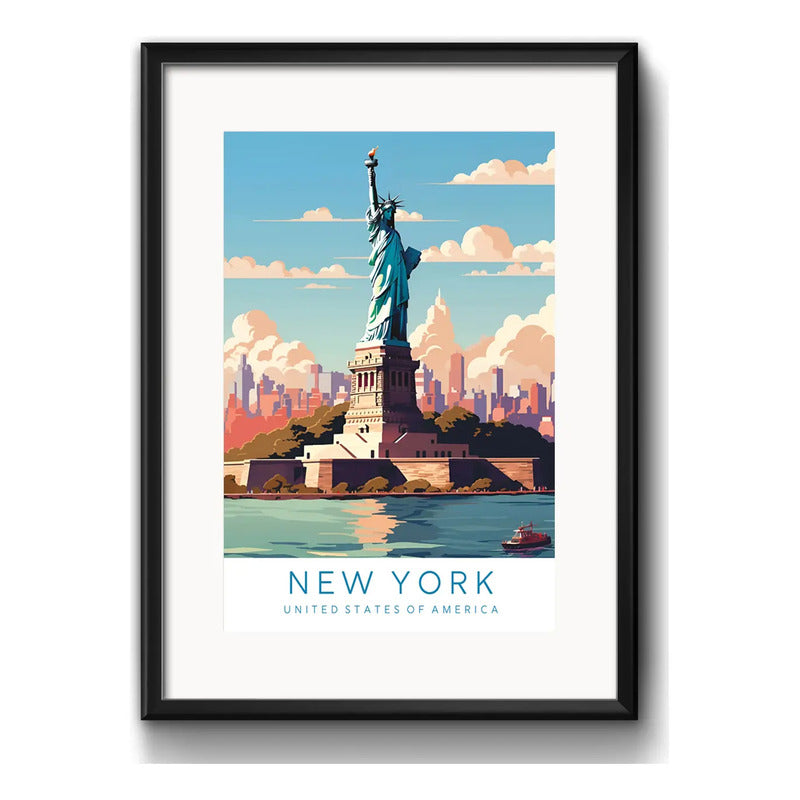 Cuadro New York Ciudad Estatua De La Libertad Con Paspartú Marco Negro
