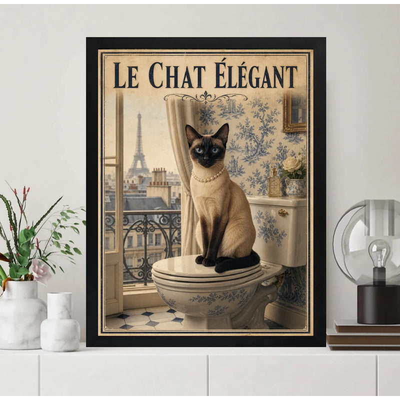 Cuadro Baño Le Chat Elegant Gato Paris Perfume Retro Arte Marco Negro