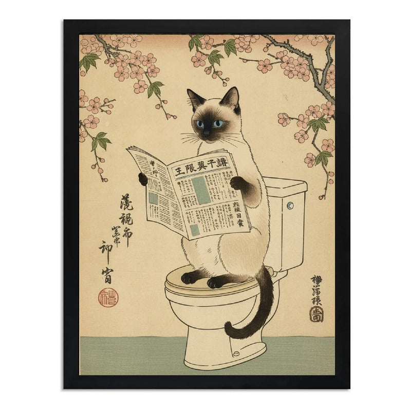 Cuadro Gato Siames Bano Arte Japón Flores Cerezo Decoracion Marco Negro