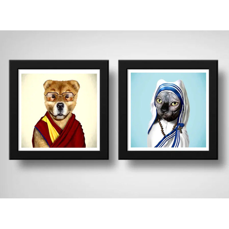 Set 2 Cuadros Gato Madre Teresa Y Perro Dalai Lama Pop Art
