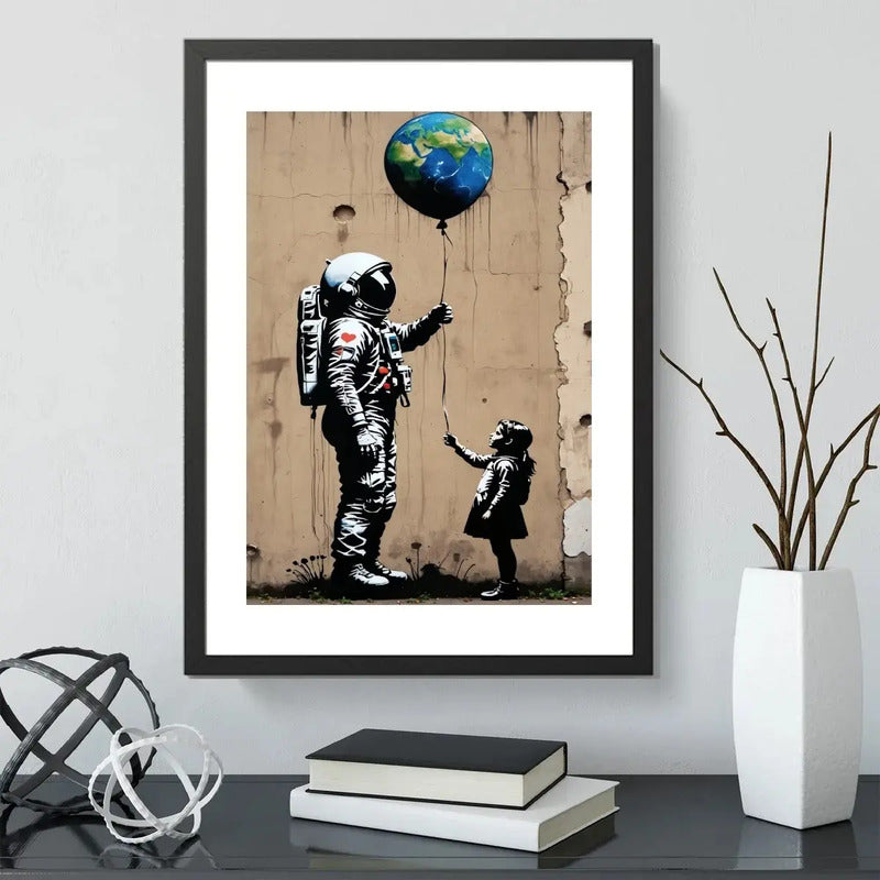 Cuadro Banksy Astronauta Niña Con Globo Tierra Arte Urbano Marco Negro