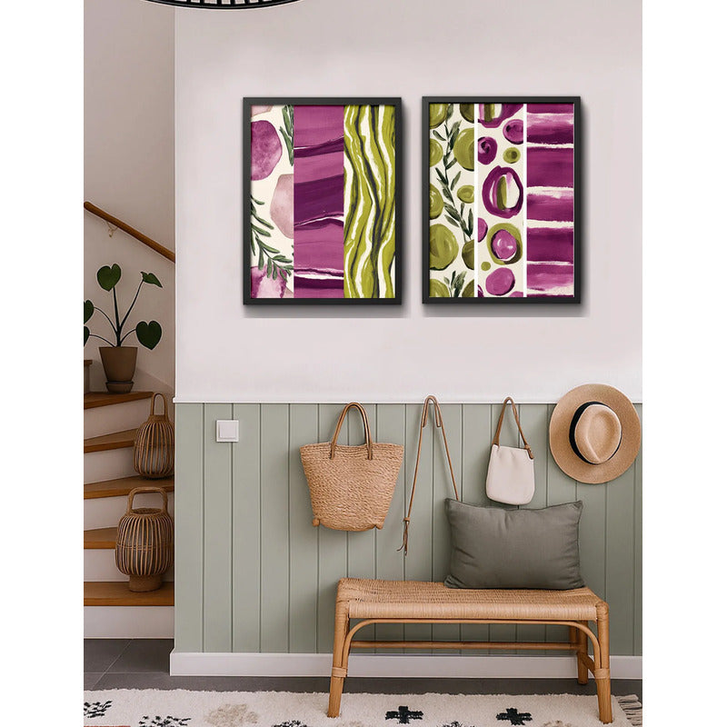 Set 2 Cuadros Dormitorio Living Abstracto Arte Verde Púrpura Marco Negro