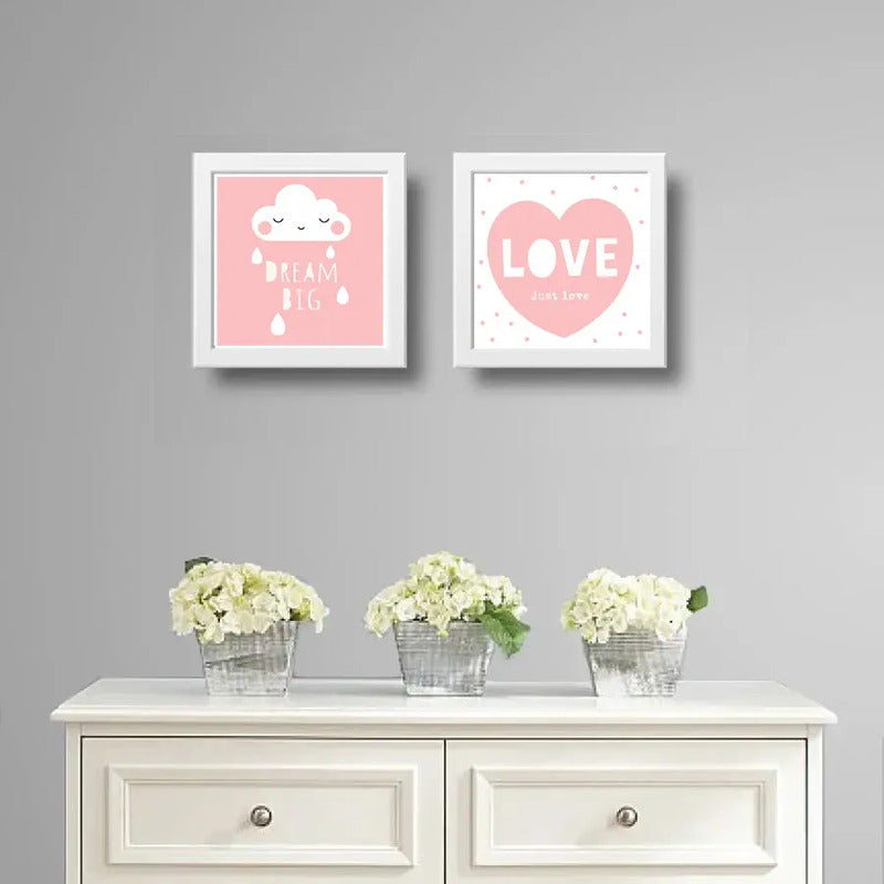 Set 2 Cuadros Dream Big Just Love Frase Dormitorio Infantil Marco Blanco