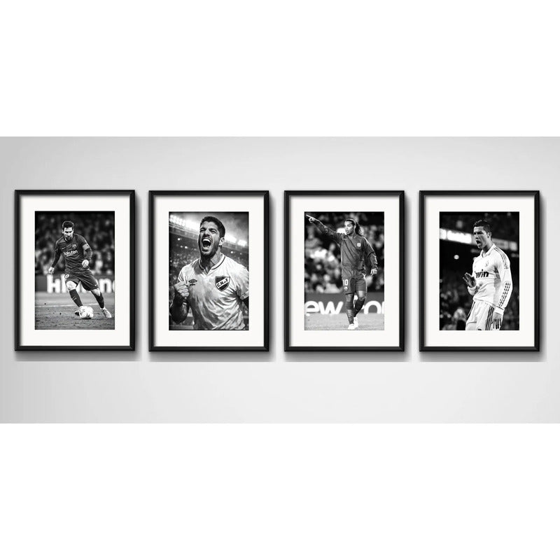 Set 4 Cuadros Fútbol Messi Ronaldinho Suarez Con Paspartu Marco Negro