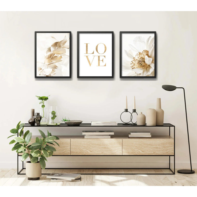 Set 3 Cuadros Hojas Doradas Love Botanica Tonos Suaves Marco Negro