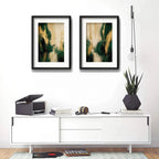 Set 2 Cuadros Boho Arte Abstracto Verde Beige Con Paspartu 55x43cm Cada Cuadro Negro