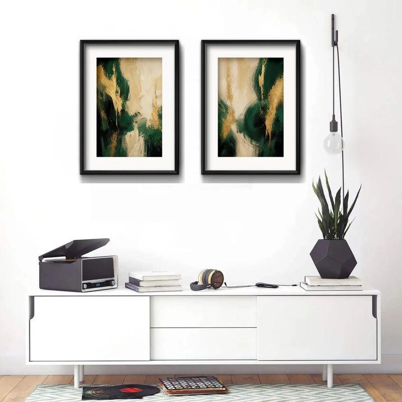 Set 2 Cuadros Boho Arte Abstracto Verde Beige Con Paspartu 55x43cm Cada Cuadro Negro