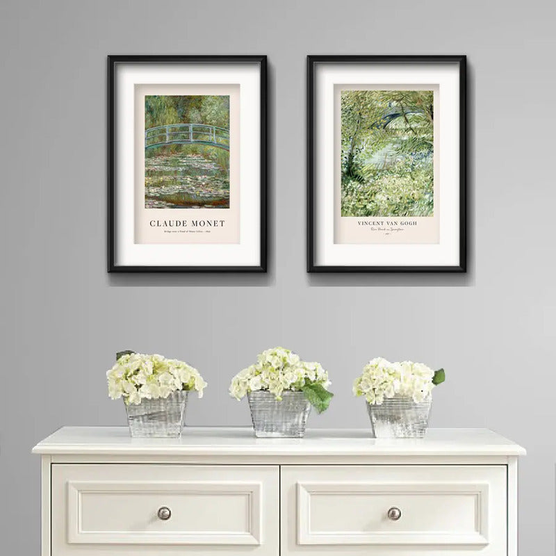 Set 2 Cuadros Living Claude Monet Van Gogh Brs2 Con Paspartu Marco Negro