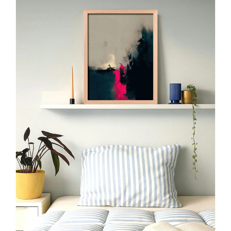 Cuadro Dormitorio Living Boho Abstracto Neón Rosa Beige Oak Marco Marrón Claro
