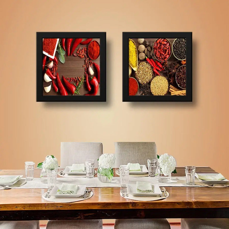 Set 2 Cuadros Pimientas Condimentos Cocina Decora - 33x33cm Marco Negro
