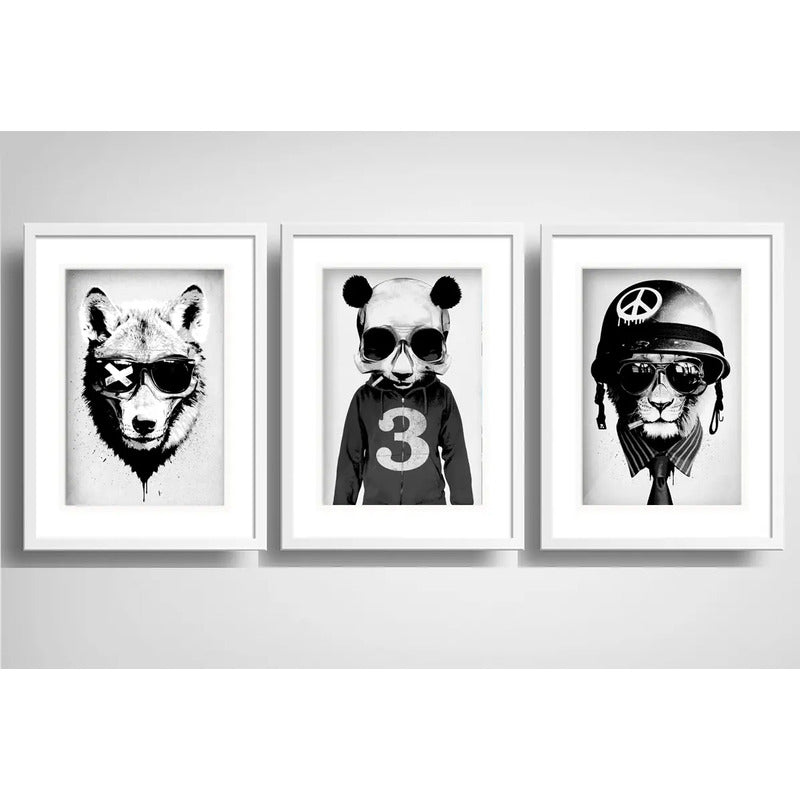 Set 3 Cuadros Lobo Panda León Animales Arte Urbano Paspartu