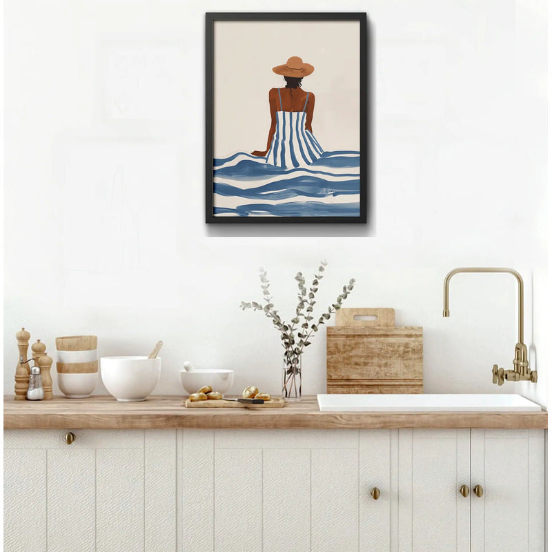 Cuadro Dormitorio Living Mujer Elegante Mar Playa Azul Beige Marco Negro