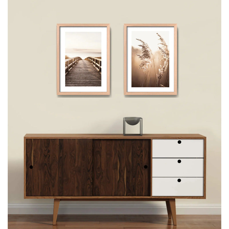 Set 2 Cuadros Paisajes De Playa Tonos Beige Neutros Calidos Marco Madera Natural Oak
