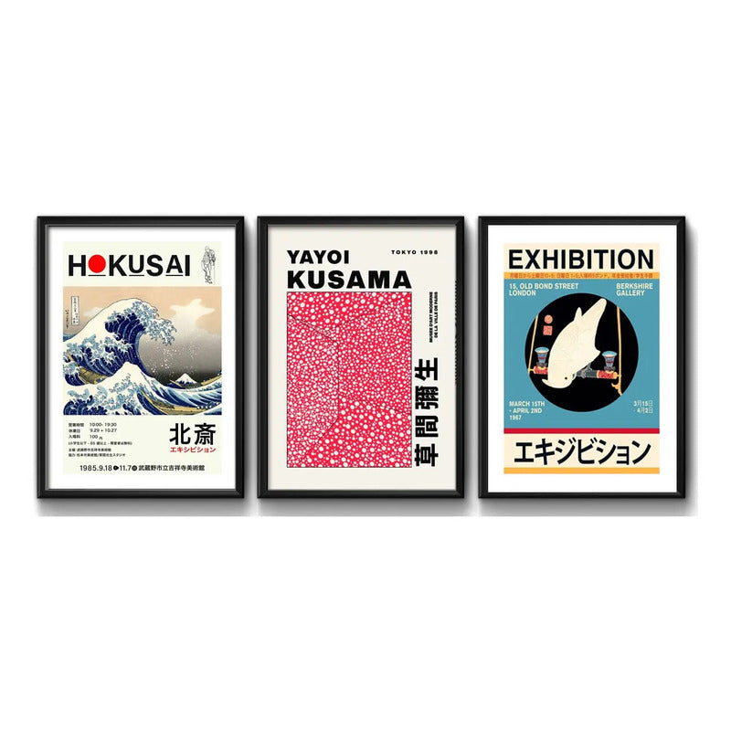 Set 3 Cuadros Arte Japones Yayoi Kusama Hokusai Jakuchu Marco Negro