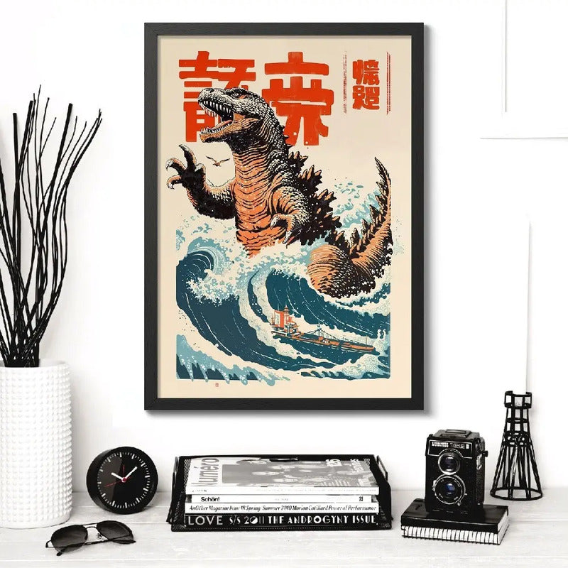 Cuadro La Gran Ola Dragón Arte Japonés Anime Decoracion Godzilla Japón Marco Negro