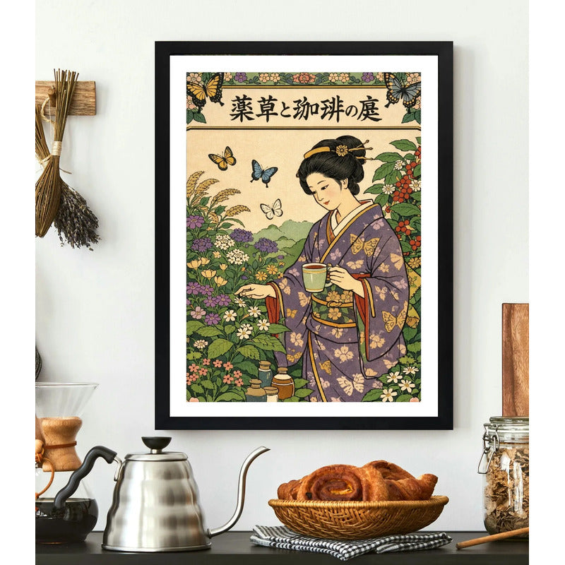 Cuadro Geisha Cafe Jardin De Hierbas Japón Botanico Cocina Marco Negro