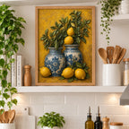 Cuadro Living Cocina Comedor Jarrón De Limones Textura 3d Marco Marrón Claro