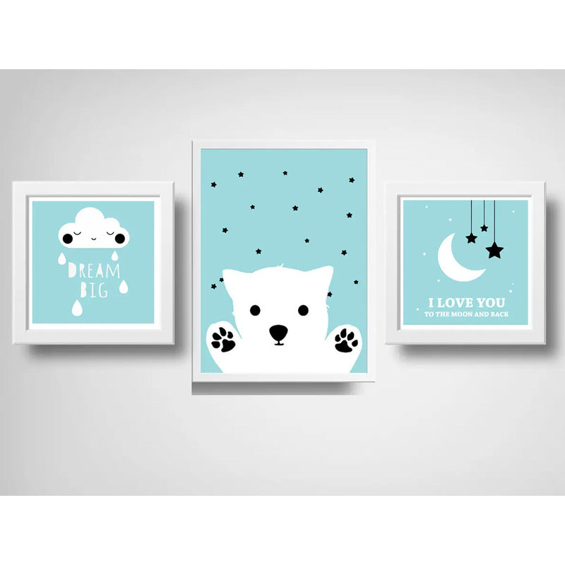 Set 3 Cuadros Dream Big Frase Luna Star Dormitorio Infantil