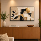 Cuadro Dormitorio Living Boho Abstracto Hojas Neutros Grande Marco Negro