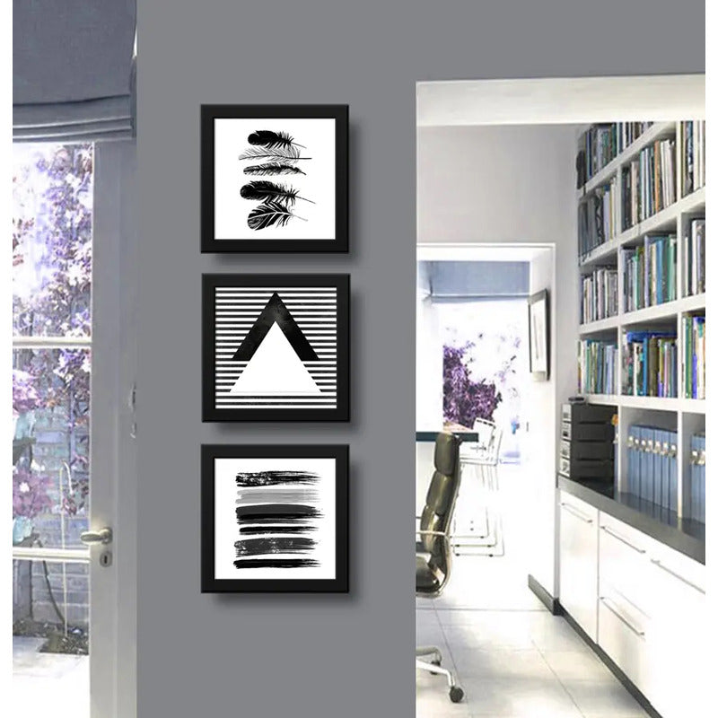 Set 3 Cuadros Geometrico Abstracto Blanco Y Negro Decoracion