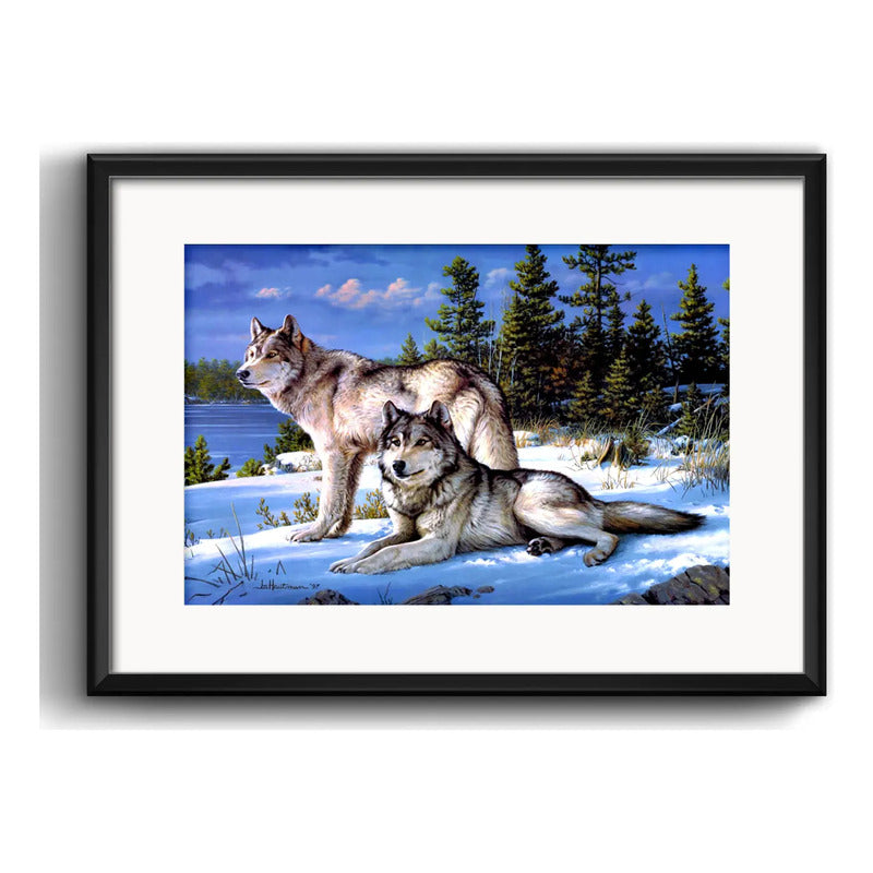 Cuadro Lobos De Invierno Montanas Decoracion Con Paspartú Marco Negro