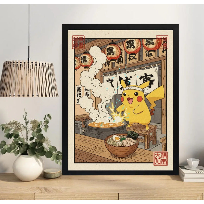 Cuadro Pikachu Cocina Sushi Ramen Comida Japón Pokemon Anime Marco Negro