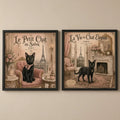 Set 2 Cuadros Decoracion Bano Gato Negro Paris Retro Sillón Marco Negro