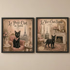 Set 2 Cuadros Decoracion Bano Gato Negro Paris Retro Sillón Marco Negro