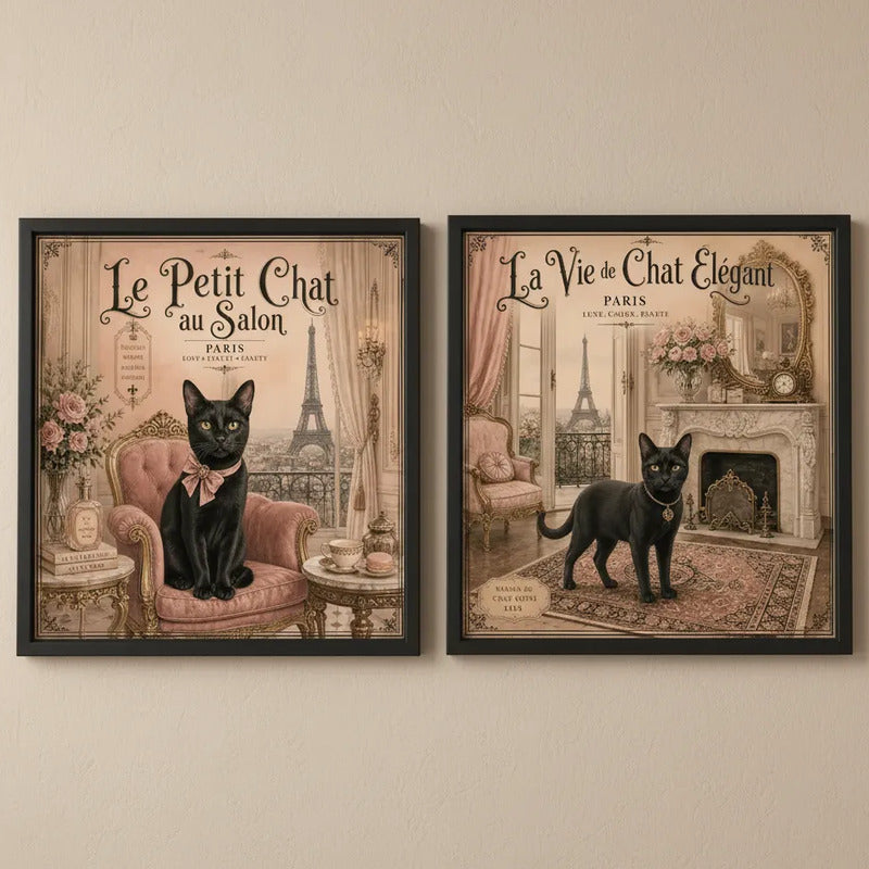 Set 2 Cuadros Decoracion Bano Gato Negro Paris Retro Sillón Marco Negro