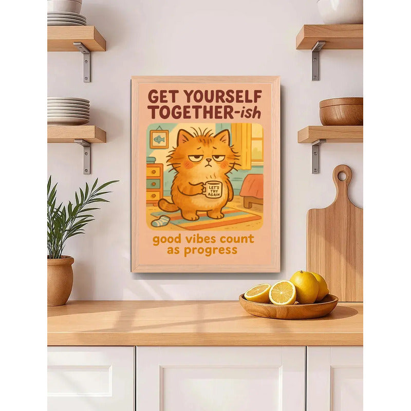 Cuadro Gato Café Frase Organízate Un Poco Cocina Marco Oak Marco Marrón Claro