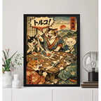 Cuadro Gatos Truco Juego De Naipes Paisaje Japón Fuji Arte Marco Negro