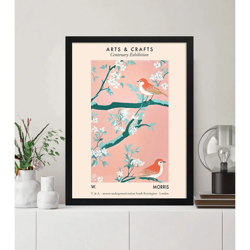 Cuadro Pájaros Y Flores De Cerezo Botanico William Morris Marco Negro