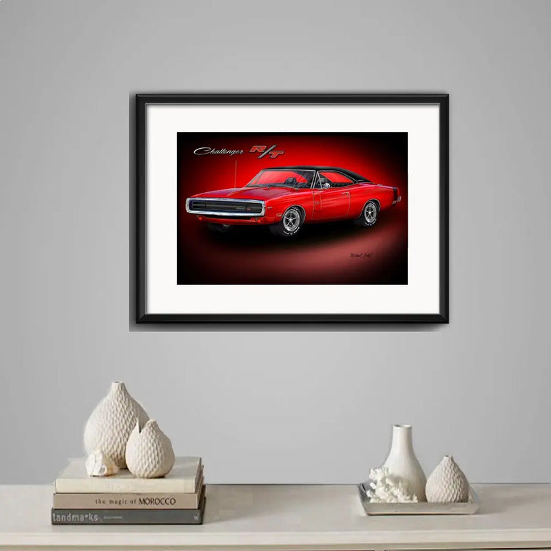 Cuadro Autos Antiguos Modelos Marcas Retro Arte Con Paspartu Dodge Challenger Rt Con Marco Negro