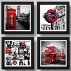 Set 4 Cuadros Londres Uk Blanco Negro Rojo Ciudad Decoracion