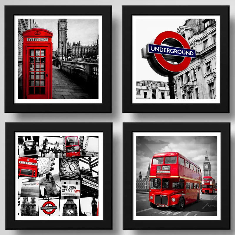 Set 4 Cuadros Londres Uk Blanco Negro Rojo Ciudad Decoracion