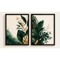 Set 2 Cuadros Hojas Tropical Dorado Abstracto Decora Living Marco Negro