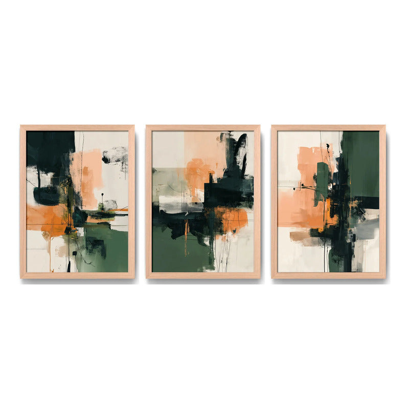 Set 3 Cuadros Dormitorio Living Abstracto Arte Verde Durazno Marco Marrón Claro