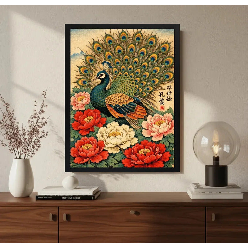 Cuadro Pavo Real Peonías Elegantes Japón Botanico Flores Art Marco Negro
