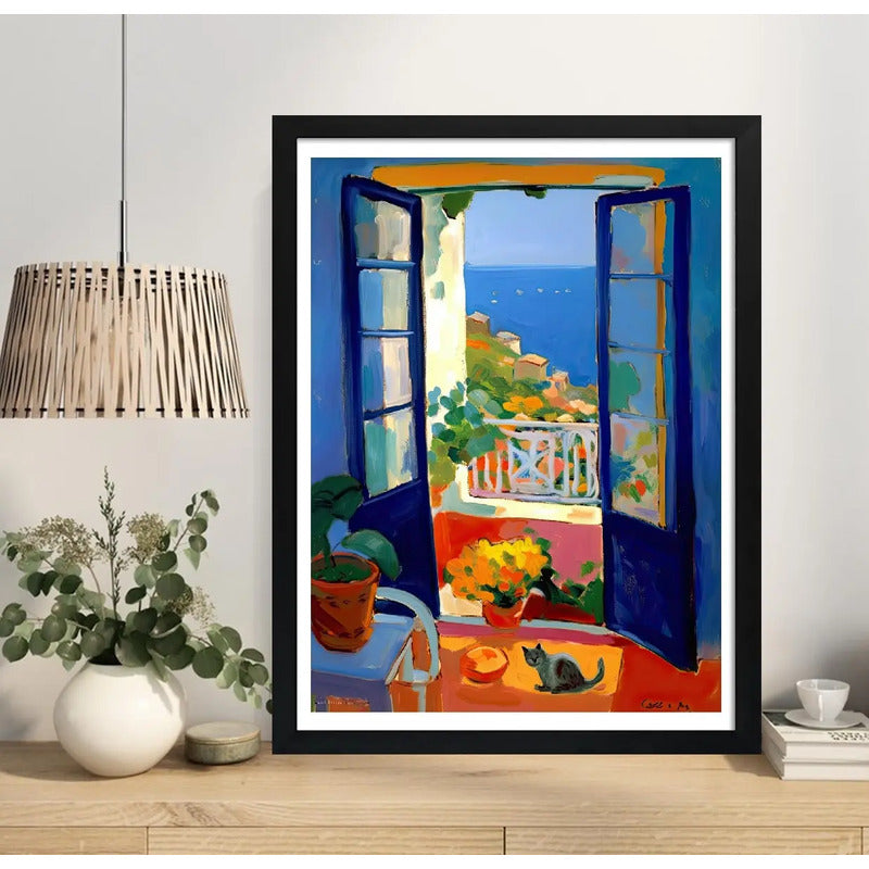 Cuadro Living Cocina Gato Ventana Amalfi Italia Matisse Arte Marco Negro