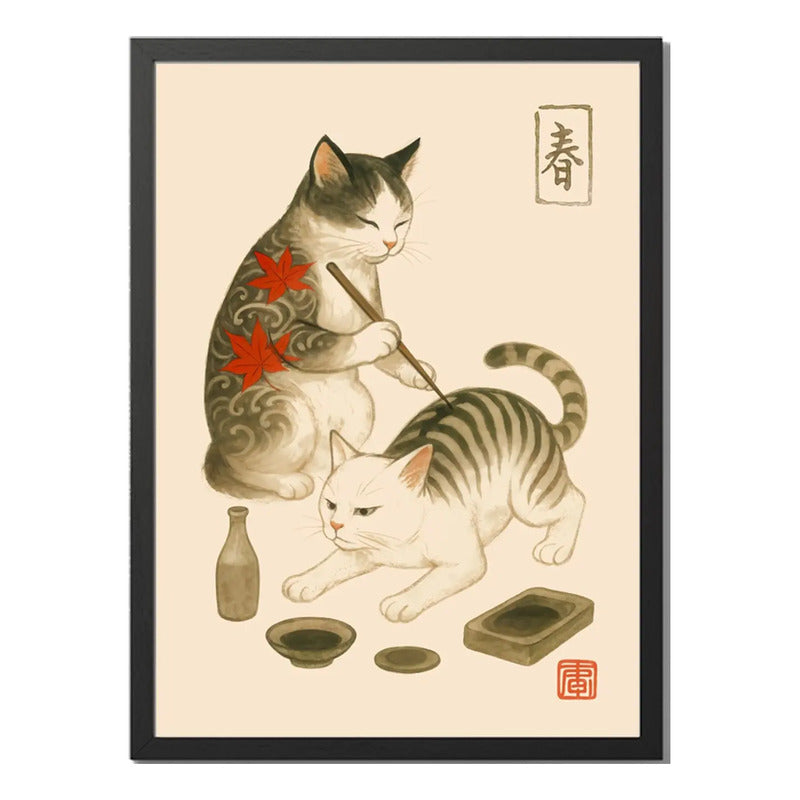 Cuadro Gato Arte Japonés Tattoo Tebori Tatuador Decoracion Marco Negro