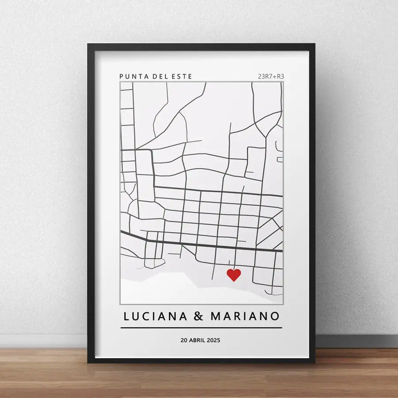 Cuadro Personalizado Pareja Novios Mapa Gps Primer Encuentro Marco Negro