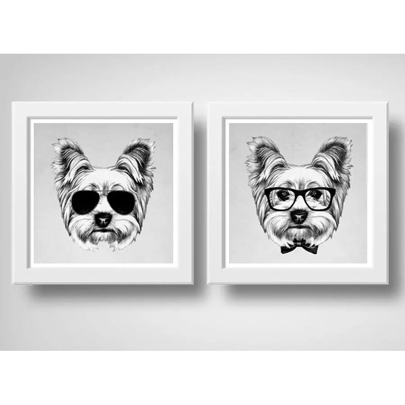 Set 2 Cuadros Yorkshire Gafas Lentes Sol Perro Mascotas Pet