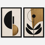 Set 2 Cuadros Living Abstracto Geometrico Dorado Flower Gold Marco Negro