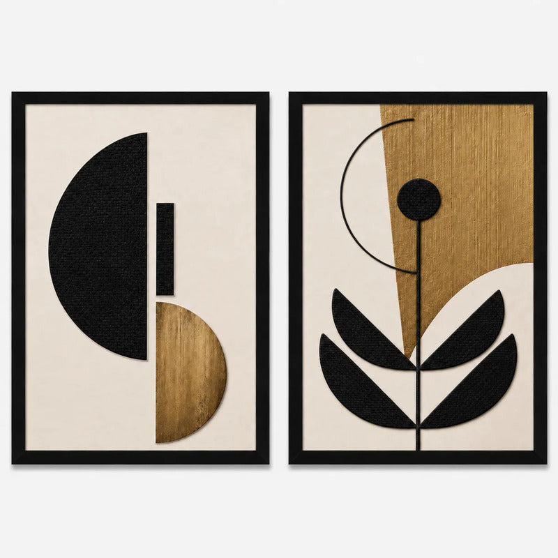 Set 2 Cuadros Living Abstracto Geometrico Dorado Flower Gold Marco Negro