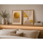 Set 2 Cuadros Dormitorio Living Boho Geometrico Beige Dorado Marco Marrón Claro