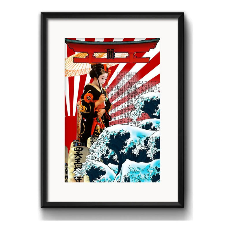 Cuadro Geisha Japón Tokio Japones B2 Decoracion Con Paspartú Marco Negro