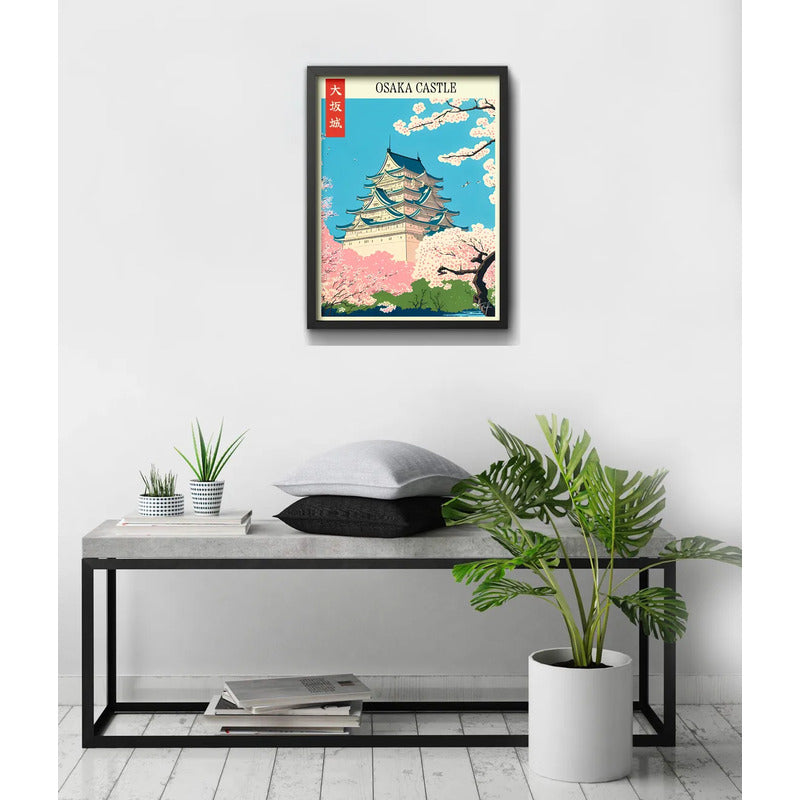 Cuadro Living Dormitorio Castillo Osaka Flores Arte Japonés Marco Negro
