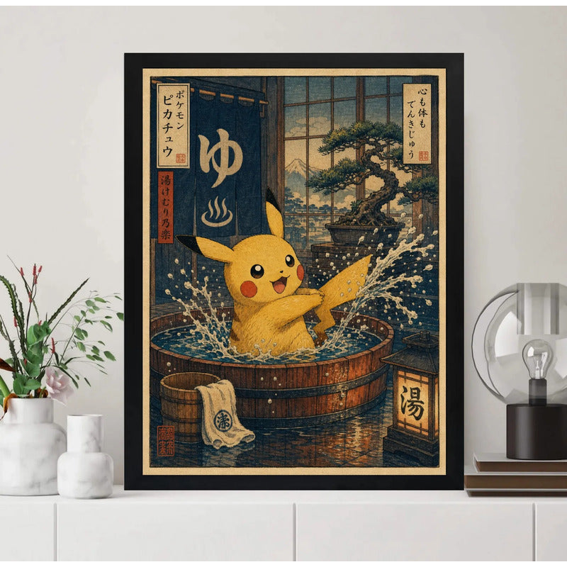 Cuadro Pikachu Baño Termal Onsen Arte Japones Pokemon Anime Marco Negro