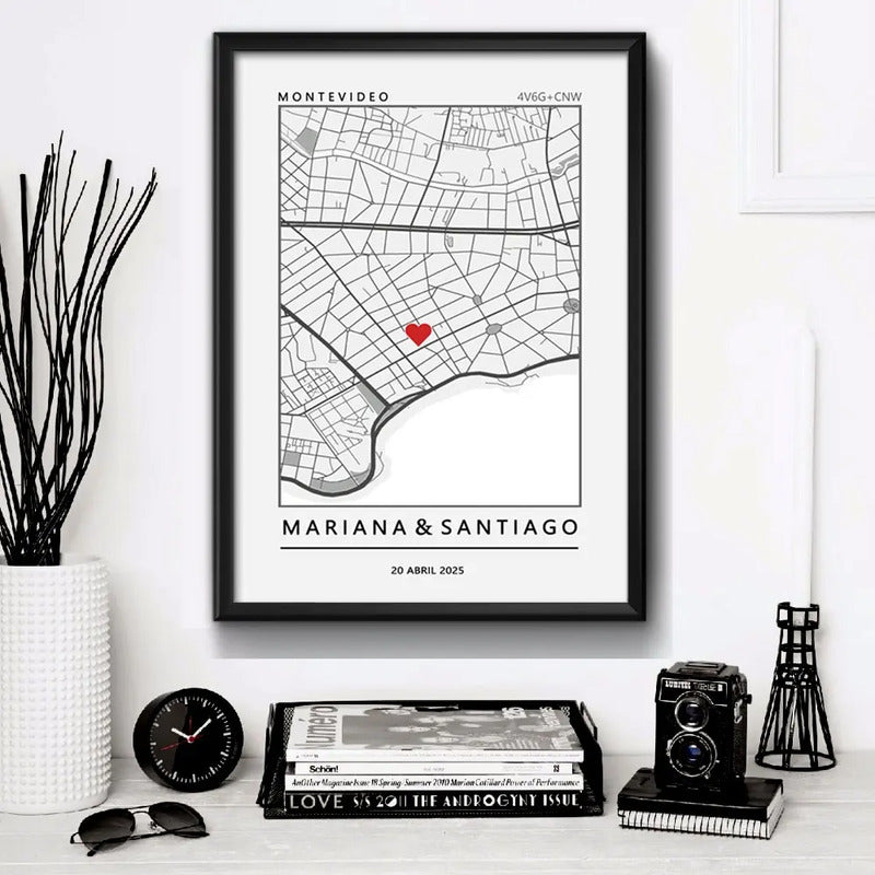 Cuadro Personalizado Pareja Novios Mapa Gps Primer Encuentro Marco Negro